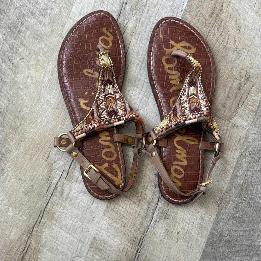 Sam Edelman Brown Leather Sandals T-Strap Design